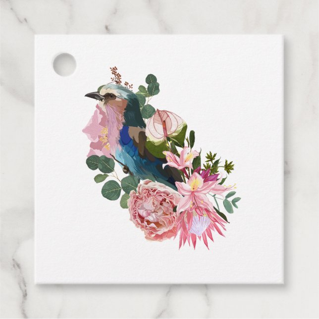 Sommerdesign mit Vogel- und rosa Blume. Geschenkanhänger (Vorderseite)
