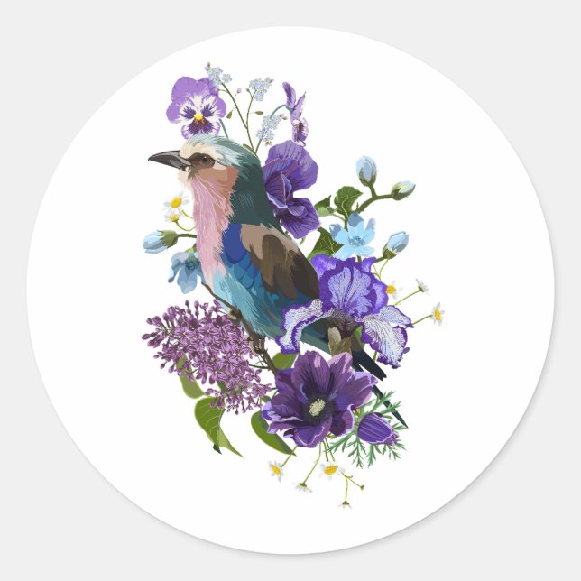 Sommerdesign mit Vogel- und violetten Blume. Runder Aufkleber (Vorderseite)