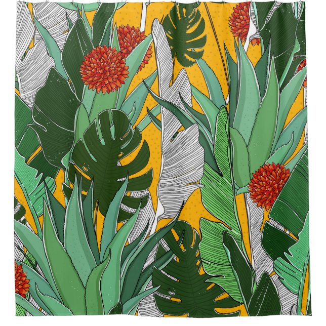 Sommerdschungel: Helles Palmmuster. Duschvorhang (Vorderseite)