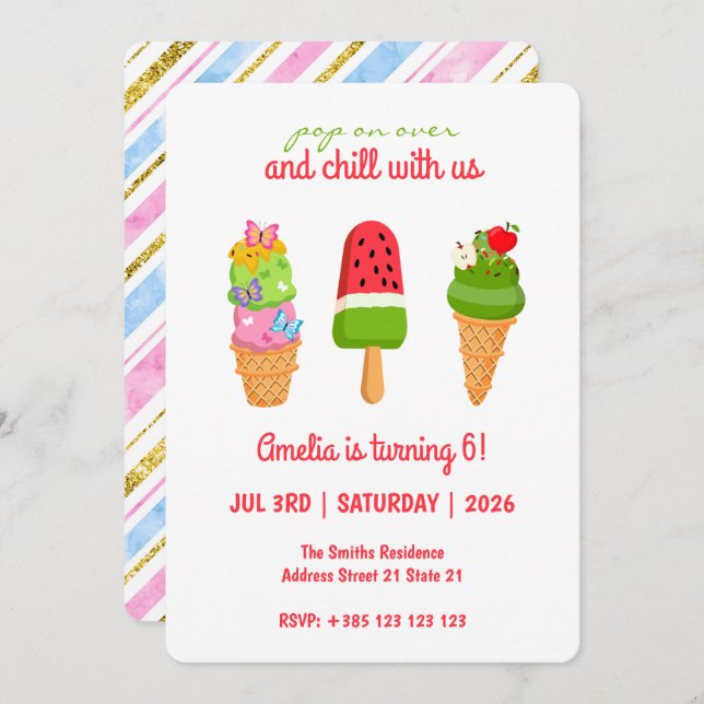 Sommereiscreme Popsicle Geburtstagseinladung Einladung (Vorne/Hinten)