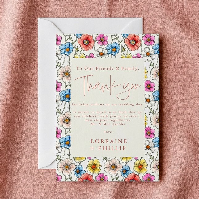 Sommerfarbenfrohe wilde Blume Muster Hochzeit Dankeskarte (Summer colourful wild flowers pattern wedding thank you card.)