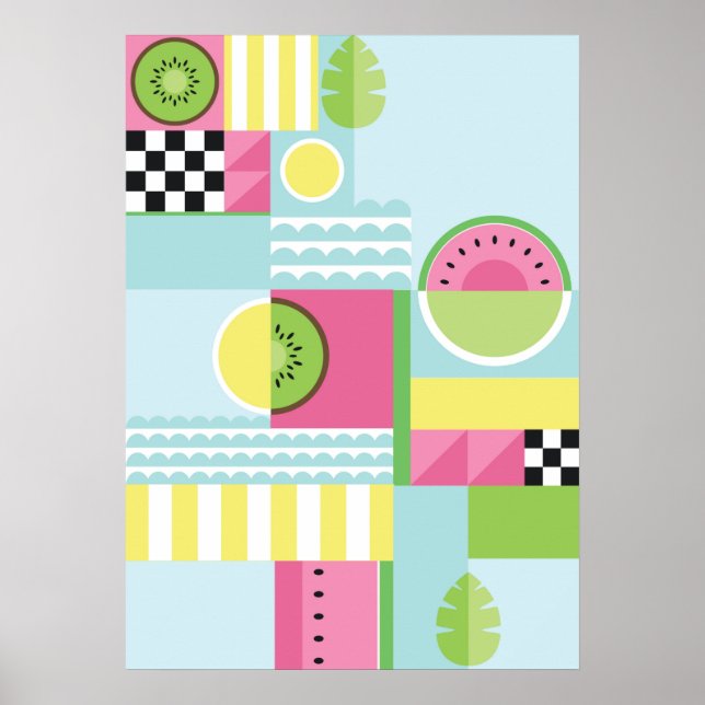Sommerfarbiges Mosaik, Wassermelone Kiwi-Obst Poster (Vorne)