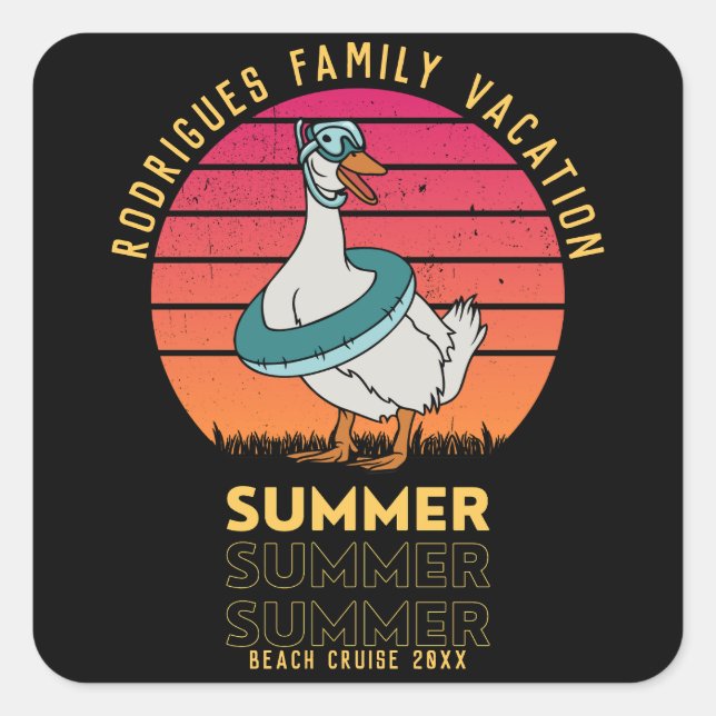 Sommerferien Ente auf Retro Sunset Quadratischer Aufkleber (Vorderseite)