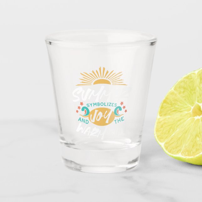 Sommerfreude - warmes Sonnenangebot und Glückspilz Schnapsglas (Vorderseite)