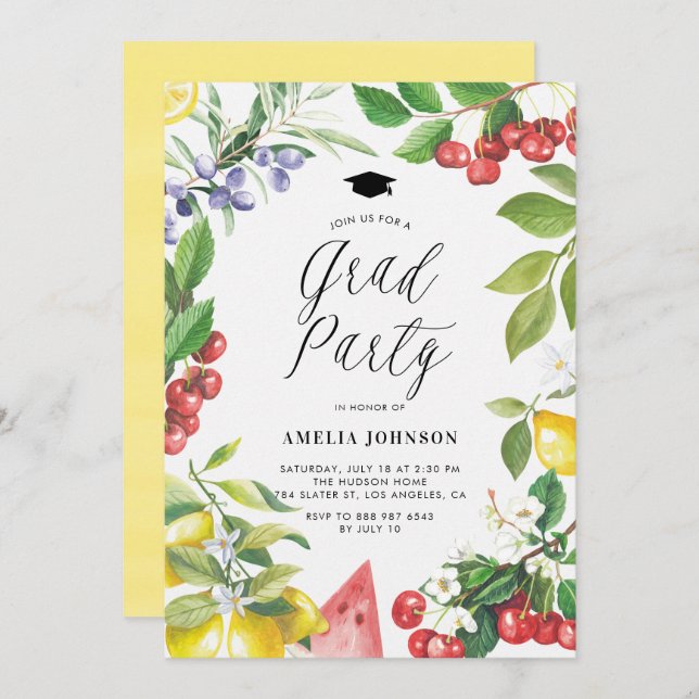 Sommerfrüchte mit Aquarellfarben: Blumenstudium Einladung (Vorne/Hinten)