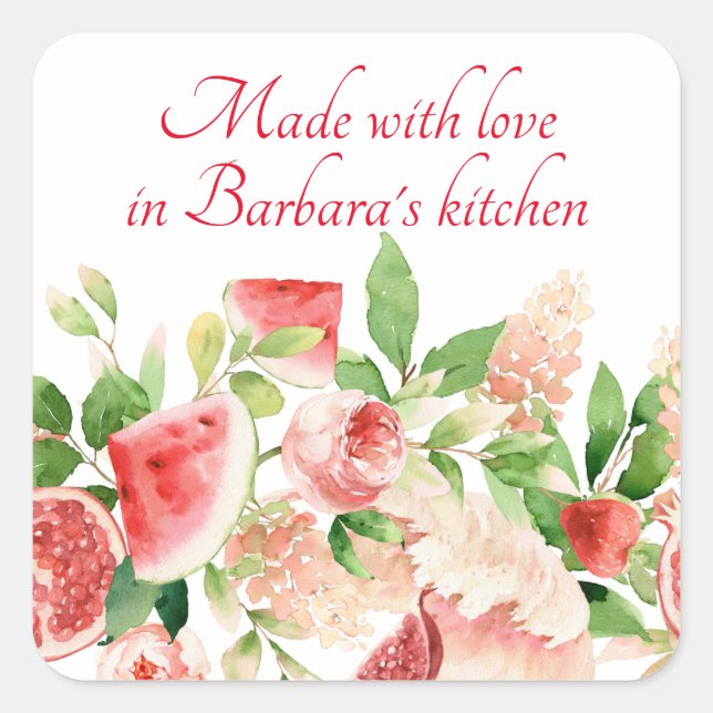 Sommerfrüchte und Blume Rosa Wasserfarbe Quadratischer Aufkleber (Vorderseite)