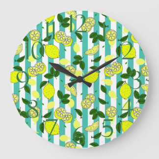 Sommerfruchtgelbe Zitronen auf blauen Streifen Große Wanduhr
