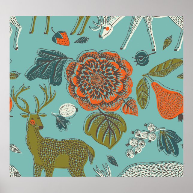 Sommergarten Hirsch Nahtlose Illustration. Poster (Vorne)