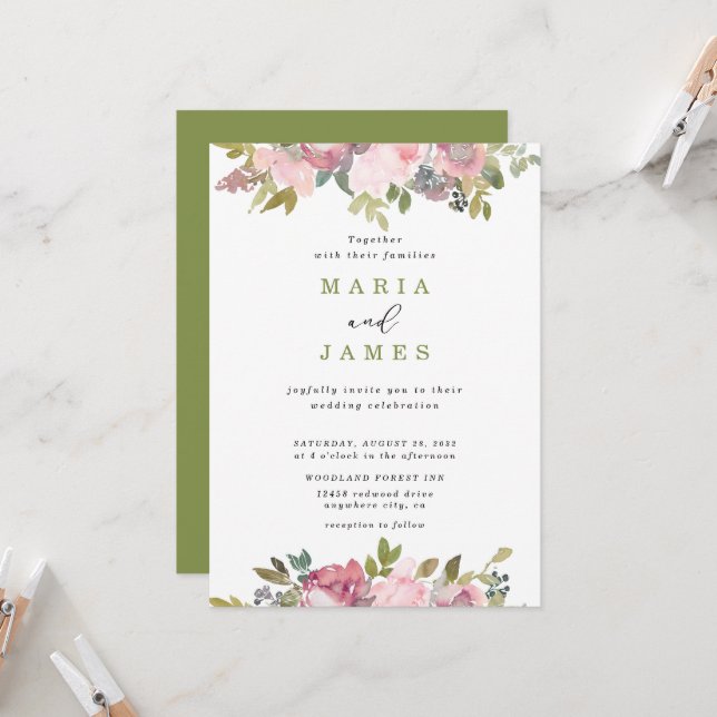 Sommergarten Hochzeit der Wasserfarben Einladung (Vorderseite/Rückseite Beispiel)