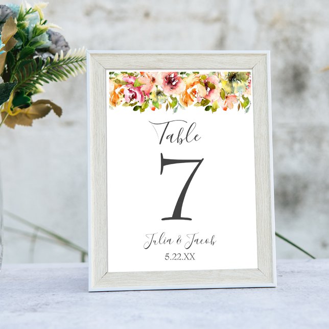 Sommergarten Wasserfarben Blumenzwiebelnummer Tischnummer (Summer Garden Watercolor Floral Wedding Table Numb Table Number)