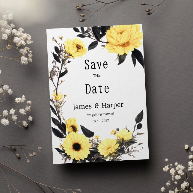 Sommergelb dunkelgrau dunkelblütig Save the Date Einladung (Summer yellow dark gray daisy floral Save the Date)