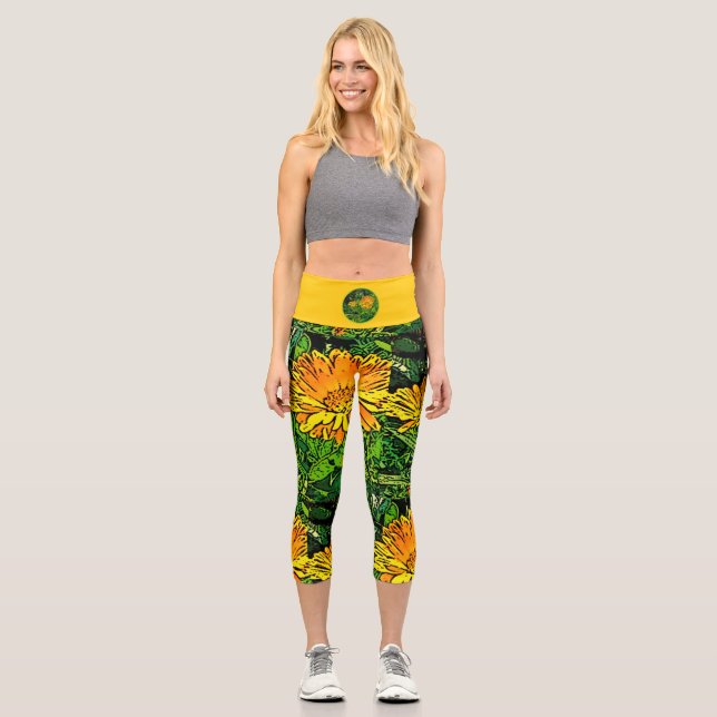 Sommergelbe orange gürtelfarbene Muster Capri Leggings (Vorderseite)