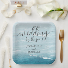 Sommerhochzeit am Ozean des blauen Meerwassers Pappteller