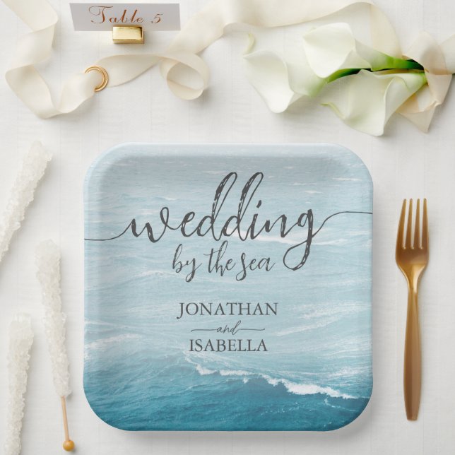 Sommerhochzeit am Ozean des blauen Meerwassers Pappteller (Hochzeit)