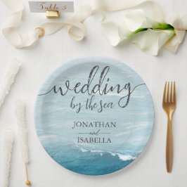Sommerhochzeit am Ozean des blauen Meerwassers Pappteller