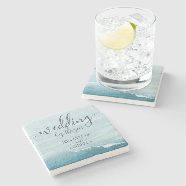 Sommerhochzeit am Ozean des blauen Meerwassers Steinuntersetzer (Seitenansicht)