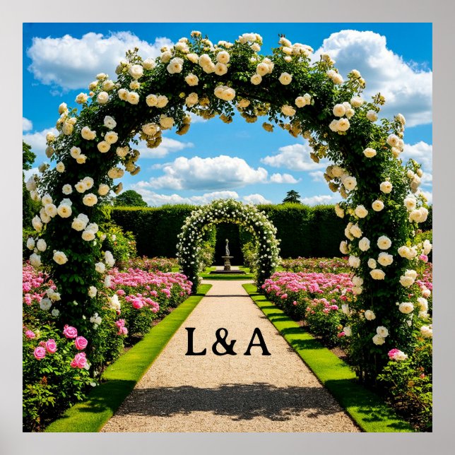 Sommerhochzeit Rosenbogen-Gartenszene  Poster (Vorne)