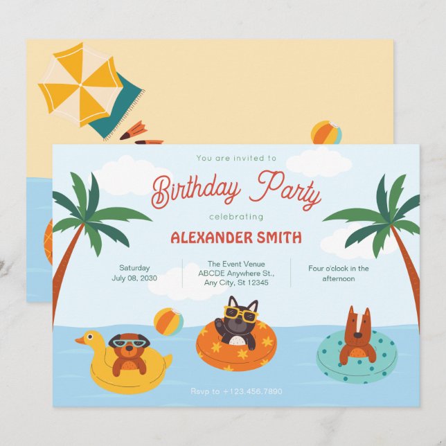 Sommerhunde am Strand Geburtstag Einladung (Vorne/Hinten)
