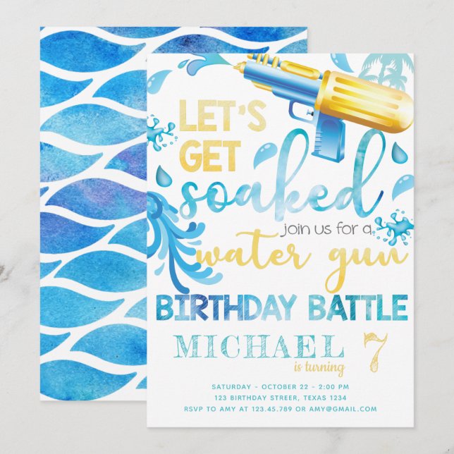 Sommerjunge mit Wasserwaffe Einladung zum Geburtst (Vorne/Hinten)
