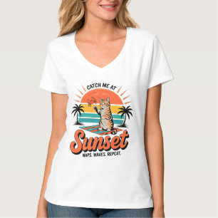 Sommerkatze Sonnenuntergang Retro-Strand Stimmung T-Shirt