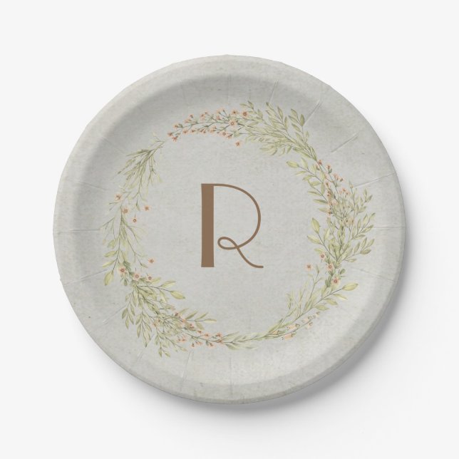 Sommerkranz in Monogramm grün und Orange Pappteller (Vorderseite)