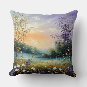 Sommerlandschaft mit Wildblumen und Bäumen Kissen