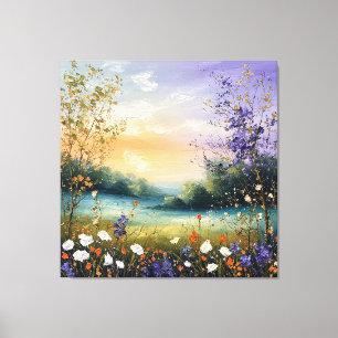 Sommerlandschaft mit Wildblumen und Bäumen Leinwanddruck