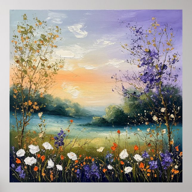 Sommerlandschaft mit Wildblumen und Bäumen Poster (Vorne)