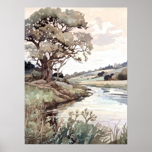 Sommerlandschaft Wasserfarbe Poster