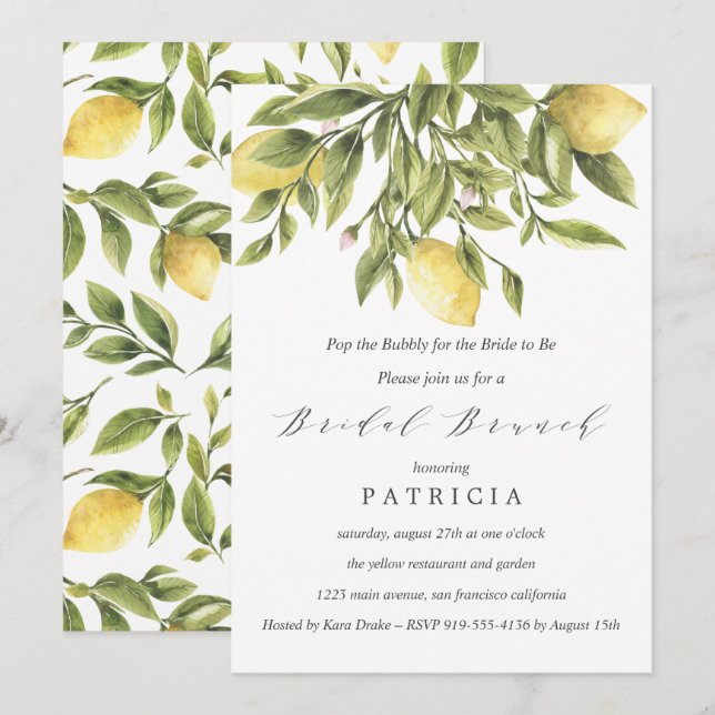Sommerlemonen und Foliage Wedding Bridal Brunch Einladung (Vorne/Hinten)