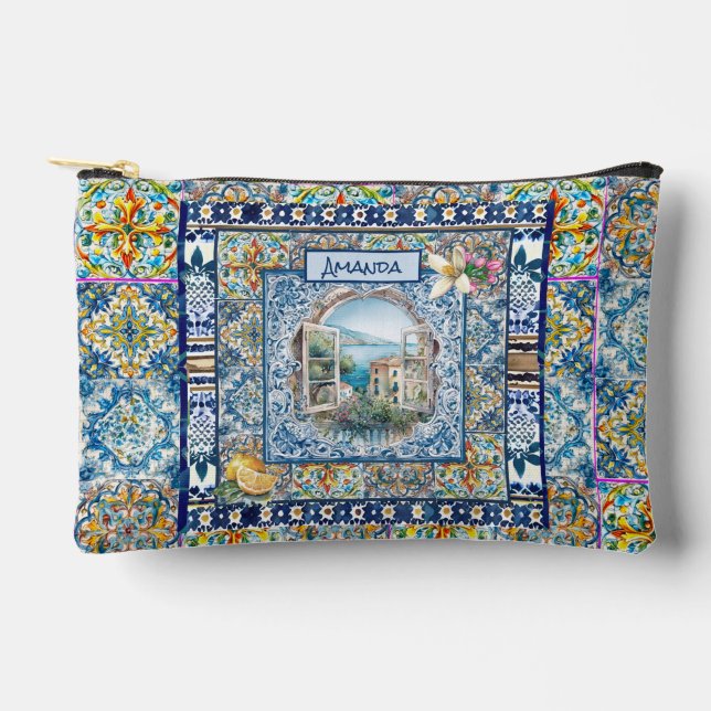 sommerlich bläuliche Kacheln Zitrusmonogramm d Zubehörtasche (Vorderseite)