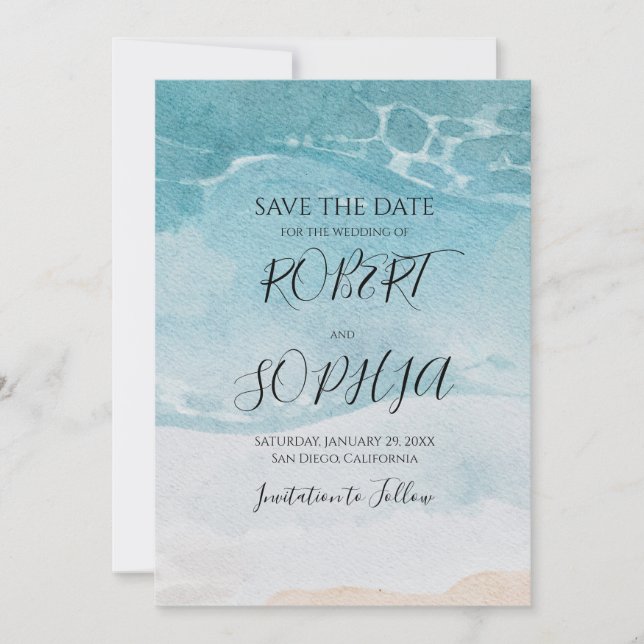 Sommerliche blaue Strandhochzeit Save The Date (Vorderseite)