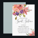 Sommerliche Blume Peach Sweet 16 Geburtstag Einlad Einladung<br><div class="desc">Sommerliche Blume Peach Sweet 16 Geburtstag Einladen wunderschönen Lachs Peach Lila floral Wasserfarbe Aquamarine Hintergrund. Siehe Matching Collection in Niche und Nest Store</div>