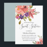 Sommerliche Blume Peach Sweet 16 Geburtstag Einlad Einladung<br><div class="desc">Sommerliche Blume Peach Sweet 16 Geburtstag Einladen wunderschönen Lachs Peach Lila floral Wasserfarbe Aquamarine Hintergrund. Siehe Matching Collection in Niche und Nest Store</div>