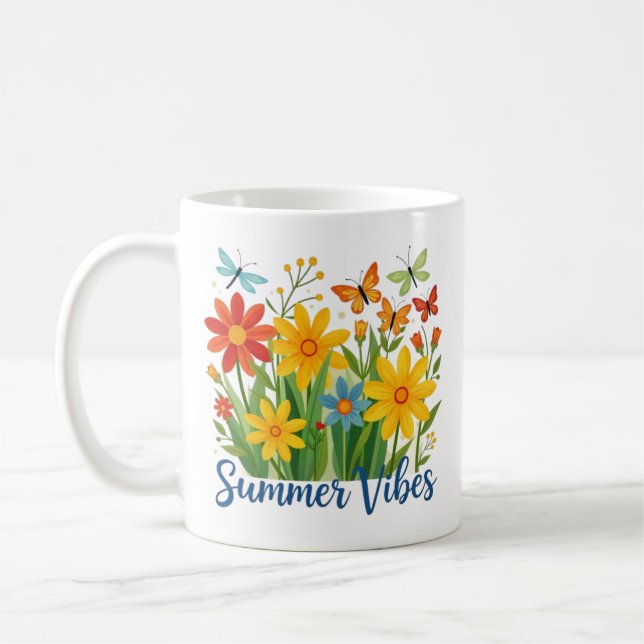 Sommerliche Blumen mit Schmetterlingen Kaffeetasse (Links)