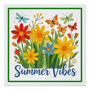 Sommerliche Blumen mit Schmetterlingen Poster