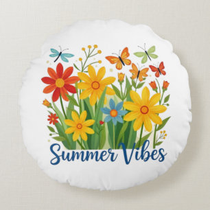 Sommerliche Blumen mit Schmetterlingen Rundes Kissen