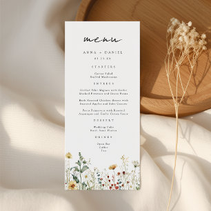 Sommerliche Hochzeit auf einem Feld mit Wildblumen Menükarte