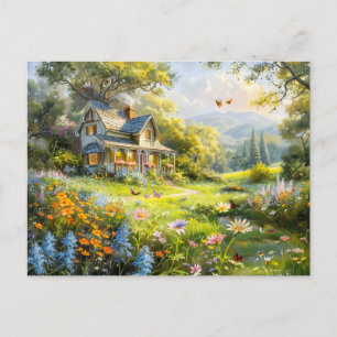 Sommerliche Hütte mit Wildblume Wiese Postkarte