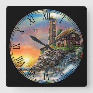 Sommerliche Hütte und Leuchtturm Kunst und Kultur Quadratische Wanduhr