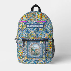 sommerliche italienische floralblaue Kacheln Zitru Bedruckter Rucksack