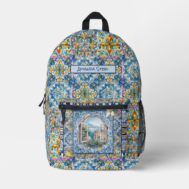 sommerliche italienische floralblaue Kacheln Zitru Bedruckter Rucksack (Vorderseite)