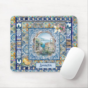 sommerliche italienische floralblaue Kacheln Zitru Mousepad