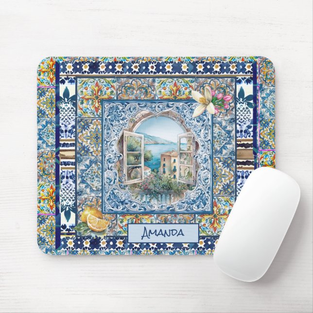 sommerliche italienische floralblaue Kacheln Zitru Mousepad (Mit Mouse)