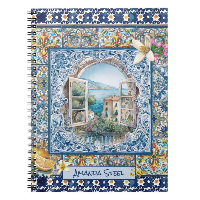 sommerliche italienische floralblaue Kacheln Zitru Notizblock (Vorderseite)
