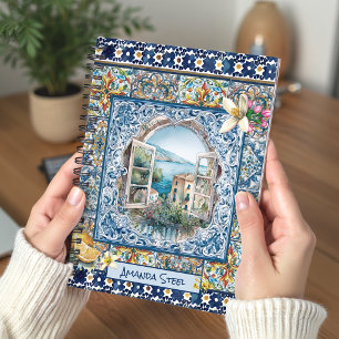 sommerliche italienische floralblaue Kacheln Zitru Notizblock
