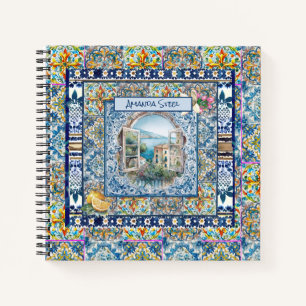 sommerliche italienische floralblaue Kacheln Zitru Notizbuch
