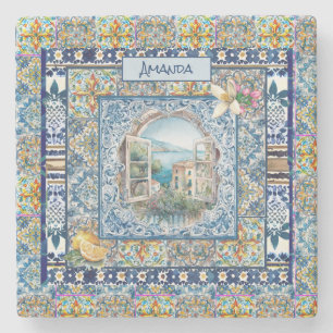 sommerliche italienische floralblaue Kacheln Zitru Steinuntersetzer