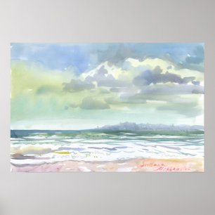 Sommerliche Meereswellen und bewölkter Himmel Aqua Poster