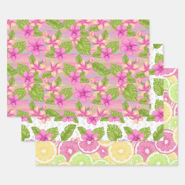 Sommerliche Rosa tropische Blume Limonen Geschenkpapier Set (Set)